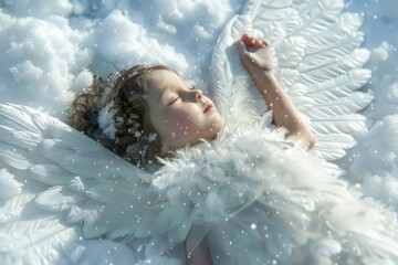 Wall Mural - A little girl laying in the snow, suitable for winter themed projects