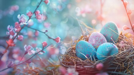Poster - Bird nest filled with blue and pink eggs, perfect for nature and Easter themes
