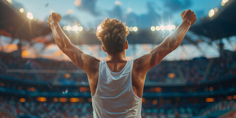 Athlete celebrating having won in the stadium, hands raised