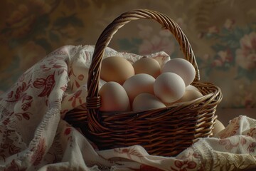 Poster - A basket filled with eggs on a table, suitable for food or farm themes