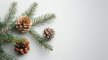 Poster - Pine cones and branches on a white surface. Ideal for winter-themed projects