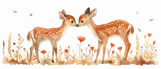 Canvas Print - Deer mother and baby, watercolor style illustration, animal clipart for cards and prints