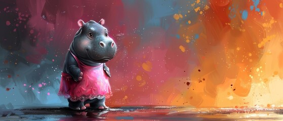 Wall Mural - This cute hippo in a pink dress is a watercolor illustration good for making cards and prints during the summer.
