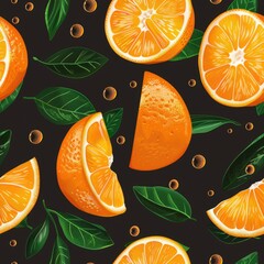 Sticker - Fresh oranges with green leaves on a dark backdrop. Suitable for food and nutrition concepts