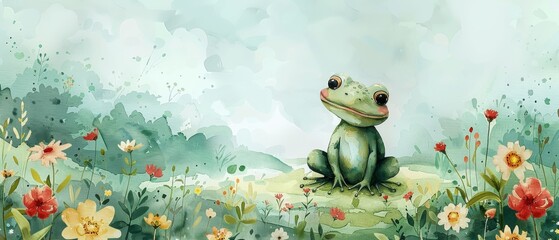 Canvas Print - Animated cartoon frog in a garden with flowers and a cart, cartoon character suitable for cards and prints