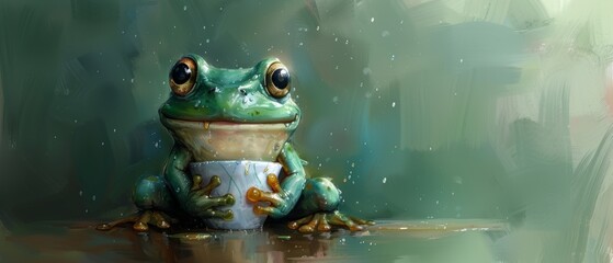 Canvas Print - Cartoon character of a cute funny frog eating breakfast, watercolor style illustration, good for cards and prints