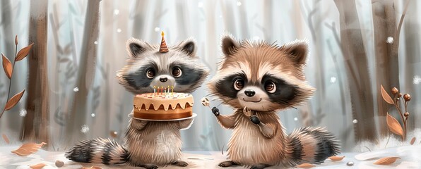 Canvas Print - Holiday clipart with cartoon character featuring a cute raccoon and a birthday cake, good for cards and prints