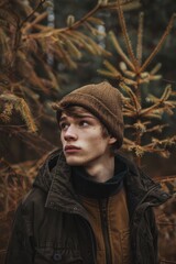 Poster - A man wearing a brown hat and jacket. Suitable for fashion or outdoor activities