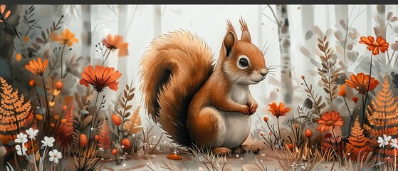 Wall Mural - Cute squirrel with flowers, watercolor 1 September illustration perfect for cards and prints