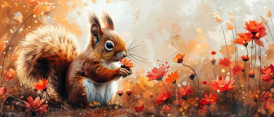 Wall Mural - A cute squirrel with flowers, watercolor illustration with a cartoon character for cards and prints