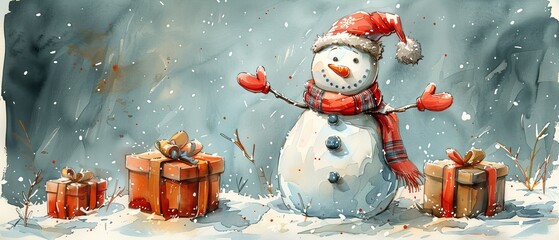 Wall Mural - Watercolor illustration with cartoon character of a snowman, suitable for cards and print designs