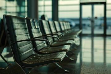 Poster - Row of black leather chairs in an airport. Suitable for travel and transportation concepts