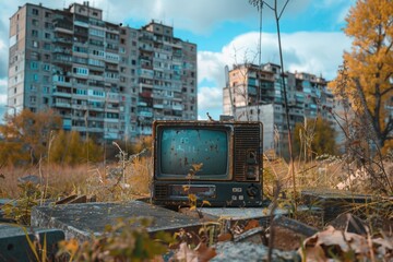 Aufkleber - An old television set on a rocky surface. Suitable for technology concepts