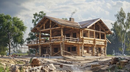 Aufkleber - A large wooden house under construction, perfect for architecture projects