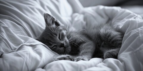 Aufkleber - A cute kitten peacefully sleeping on a white bed. Suitable for pet lovers or home decor themes