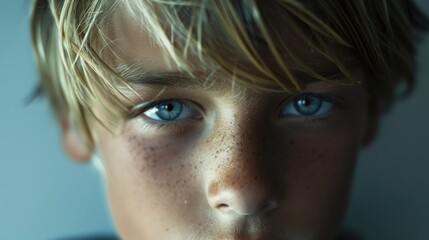 Canvas Print - Close up of a young boy with freckles on his face, suitable for various projects