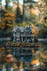 Poster - A small house sitting on top of a body of water. Suitable for various design projects