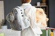 Cute Pomeranian dog with backpack carrier at home