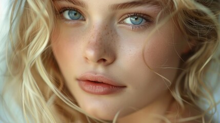 Poster - Close up of a woman with freckles, suitable for beauty and skincare concepts
