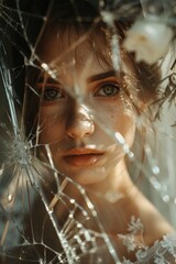 Poster - Woman looking through broken glass window, suitable for crime scene or mystery concept
