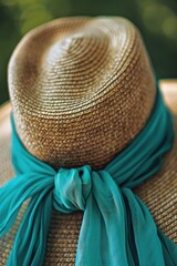 Poster - A straw hat with a blue scarf around it. Perfect for summer fashion concepts