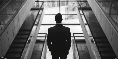Poster - A man in a business suit standing on an escalator. Suitable for corporate and business concepts