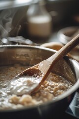 A wooden spoon stirring food in a pot on a stove. Suitable for culinary or cooking concepts