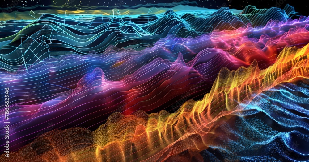 3D Data Visualization Mapping in Vibrant Digital Landscape - Abstract Infographic Technology and Topography