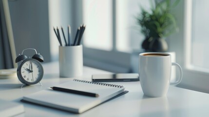 Aufkleber - A cup of coffee and a notebook on a desk. Suitable for office or workspace concepts