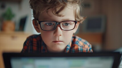 Canvas Print - Young boy with glasses focused on laptop screen. Suitable for technology and education concepts