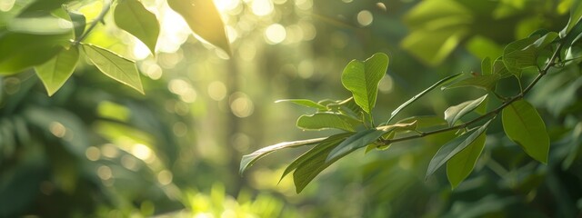 Wall Mural - Sunlight filtering through lush green leaves in a dense forest, Concept of natural beauty and tranquility in wild environments
