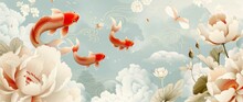 Koi Fish Swimming Among Clouds And Flowers, Creating An Ethereal Atmosphere In The Style Of Traditional Chinese Painting Generative AI