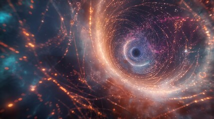 Canvas Print - Digital illustration of a black hole surrounded by a swirl of colorful cosmic energy and stars in space.