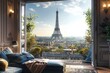 Room in Paris with eiffel tour in window , honeymoon or romantic holidays concept