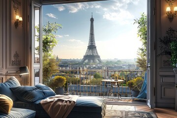 Sticker - Room in Paris with eiffel tour in window , honeymoon or romantic holidays concept