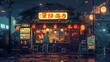 Pixel art of a young man observing a sushi restaurant illuminated by a streetlight at night