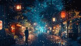Fototapeta  - Young man contemplating life in a neon-lit city street, pixel art style