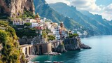 Fototapeta Mapy - view of Positano town - famous old italian resort at summer day, Italy, retro toned