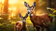 Tender Bond: Close-Up Of Roe Deer With Its Little Fawn