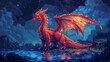 Majestic red dragon standing in a picturesque lakeside setting, pixel art