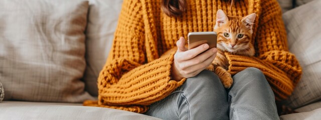 Woman with scottish kitten on the sofa with phone chatting using smartphone types message pet and owner communication human and animal friendship. with copy space image