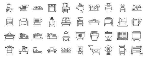 Poster - Equipment for paper production icons set outline vector. Factory roll. Wood process