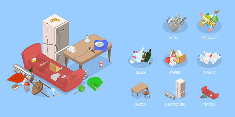 Wall Mural - 3D Isometric Flat Vector Illustration of Garbage Sorting And Recycling, Big heap of Trash