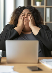 Wall Mural - Exhausted tired plus sized office worker, woman sitting at desk, looking tired, eyes closed, hands on her head. Generative AI