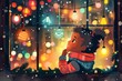 joyful afroamerican child admiring christmas lights in shop window festive illustration