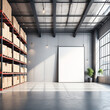 Contemporary warehouse interior with empty mock up poster on wall, racks, boxes, city view and daylight. Logistics and shipping concept. 3D Rendering
