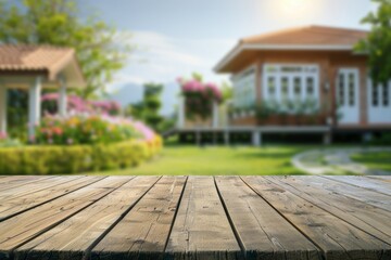 Wooden table top with blurred garden and house background for product display presentation Generative AI