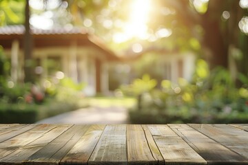 Wall Mural - Beautiful blurred background of an empty wooden table with copy space for product display, in front of blur garden house at sunny day Generative AI