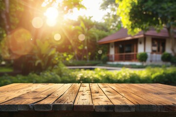 Wall Mural - Empty wooden table top with blurred garden and house background for product display montage, green bokeh light in the foreground Generative AI