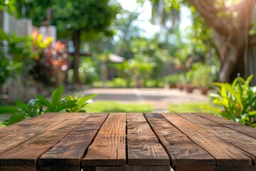 Wall Mural - Empty wooden table top with blurred background of home garden for product display or montage your products, panoramic banner Generative AI